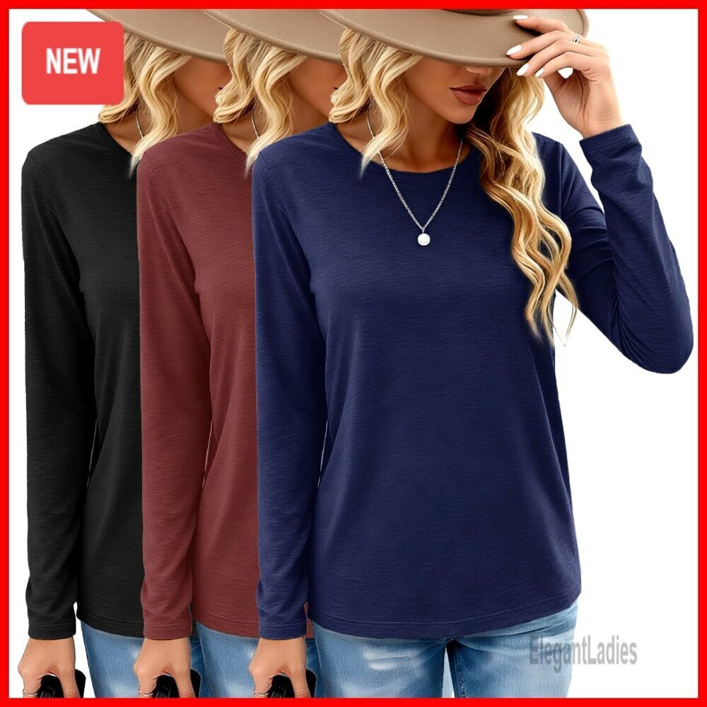 3 Pack Long Sleeve Crew Neck Tees Loose Fit Basic Tops Casual